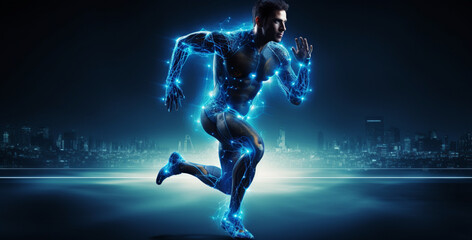 3d render of a figure in blue, 3d render of a person in a blue background, 3d render of a figure, Athlete Running in Digital Blue Network, Sporty Runner in Digital Network