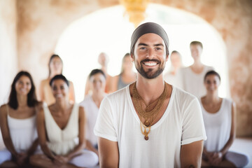 Portrait of happy and smiling yoga teacher in yoga retreat on Ibiza island. People sitting in lotus position in background