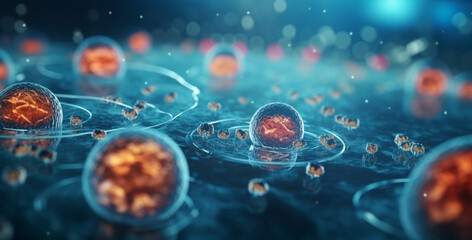 Obraz premium cells in the microscope, blood cells, Human Body Molecular Structure Visualization, Molecular Anatomy of the Human Body