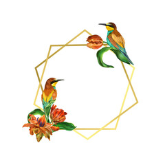 Golden geometric frame with flowers and birds. Frame illustration isolated on white background. Greeting cards, wedding invitations, covers, banners.
