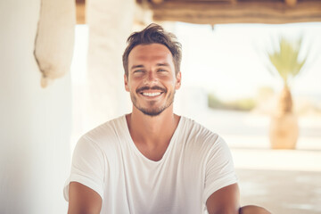 Portrait of happy and smiling yoga teacher in yoga retreat on Ibiza island.
