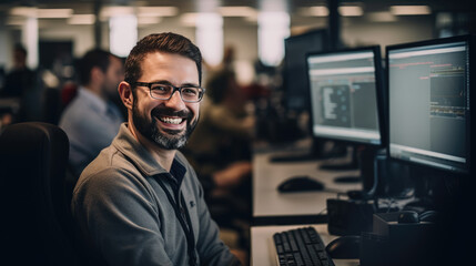 Fototapeta premium Cheerful programmer man wearing eyeglasses working with computers in office.
