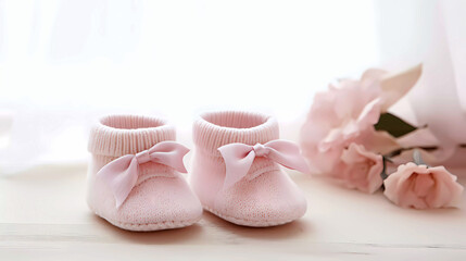Pink baby booties on a white background.  Handmade kitted shoes for baby shower gift for Mom and Dad.  