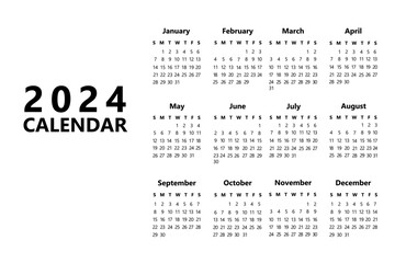 Vertical calendar for 2024 in black and white. Minimal style new year