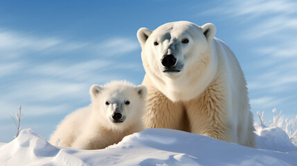 Fototapeta na wymiar A polar bear mom and a cub in the snow