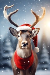 Reindeer portrait with Santa Claus hat. An illustration of an animal with big horns that is a symbol of Christmas. Minimal holiday concept.