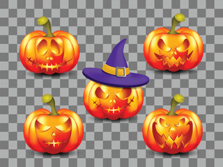 Set of pumpkins for the Halloween holiday. Realistic 3d orange pumpkin with scary emotions. Collection of 3d objects. Isolated design element. Vector illustration