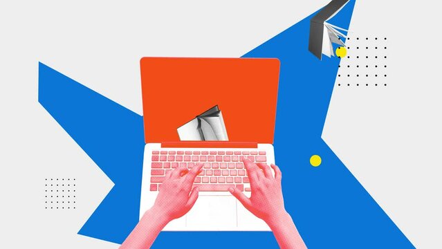 Male hand working, studying online, typing on laptop, preparing for exams with books and internet. Stop motion, animation. Concept of online education, Internet assistance, modern innovations