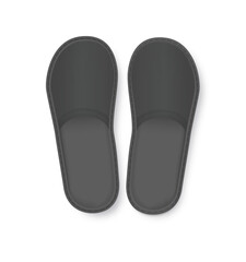 Realistic Black Detailed Hotel Slippers on White Background. Comfortable Footwear. Vector