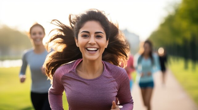 Latin American woman and her friends are running for health in the morning sunrise at park.