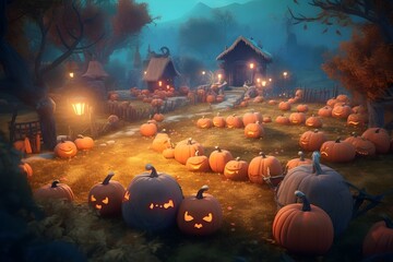 Naklejka na ściany i meble Halloween pumpkins in a graveyard