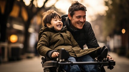Parents with disabilities on modern wheelchairs communicate with their children. Father plays in the park with his son.