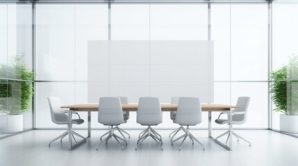 Front view of empty modern conference room with office table and chairs in glass room,  Generative AI