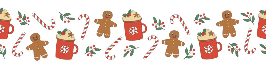 Groovy Christmas seamless border. Red cup, gingerbread man and candy cane in trendy retro cartoon style. Background for winter festive design.