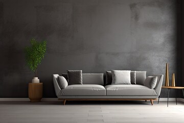 a gray sofa in a modern living room with a dark empty wall.