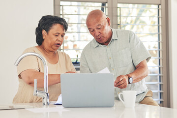 Laptop, planning and finance with old couple in kitchen for budget report, payment and mortgage. Accounting, online banking and savings with senior man and woman for investment, retirement and taxes