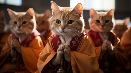 Buddhist cat, animal worship, funny illustration of a cat with folded paws in prayer. Monk cat....