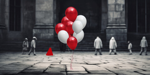 A bunch of white and red balloons in a pavement forecourt with children in the background. Black and white and vibrant colour contrast. - obrazy, fototapety, plakaty