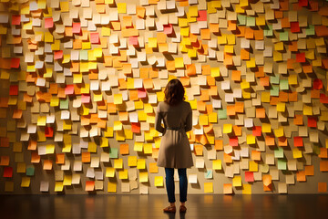 A woman standing in front of a wall full of sticky notes, neural network generated photorealistic image