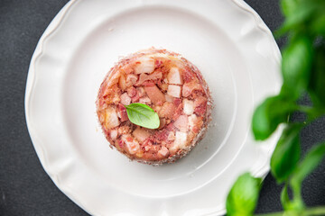 brawn food meat Sülze pieces of meat in jelly pork, beef meat product ready to eat healthy meal food snack on the table copy space food background rustic top view