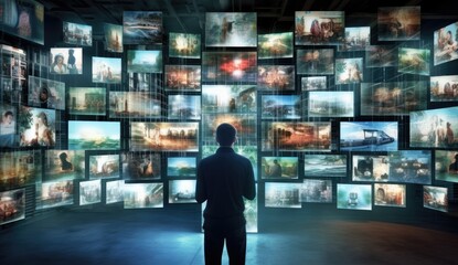 Group of people looking at hologram screen. System engineering. Data library. Created with Generative AI technology.