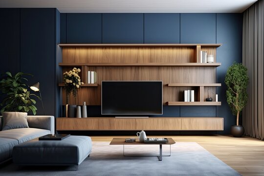 a contemporary living room with TV cabinet and dark blue wall background.
