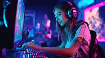 Professional gamer girl plays video games on RGB pc