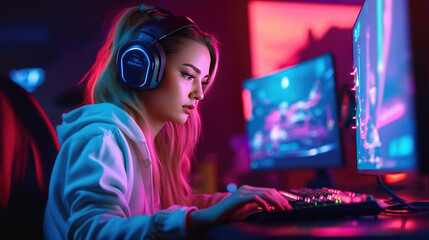 Professional gamer girl plays video games on RGB pc