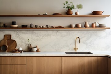 a kitchen with a double sided cabinet, marble and wooden details, upper shelf, stove, low splashback, kitchenware on the worktop, and sink across from a light wall.