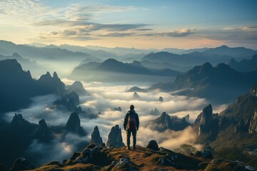 Fototapeta premium Fog draped peaks, backpackers silhouette, arms extended, immersed in morning mountain beauty Generative AI