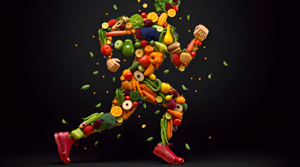I take care of myself, we are what we eat. illustration of a running man made up of pieces of fruits and vegetables, healthy food for a complete healthy life. nutrition. lifestyle. black background - obrazy, fototapety, plakaty