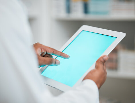 Green Screen, Pharmacist Or Hands Of Man With Tablet Mockup Space For Inventory Inspection Or Stock Check. Closeup, Medical Website Or Healthcare Worker Typing On Technology App Display In Pharmacy