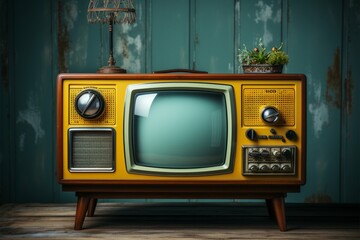 Nostalgic charm, vintage yellow TV rests on wooden table, mint blue backdrop Generative AI