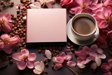 notebook, flowers and coffee over the pink table Generative AI