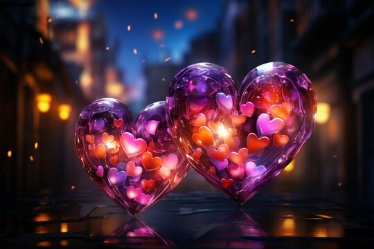 Neon hearts twinkle together, casting a vibrant and romantic glow in unison Generative AI