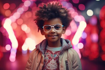 Photography of a pleased, child boy that is have hair that is changing colors based on emotions wearing a mood-responsive hair accessory against a tech-infused fashion runway background. Generative AI