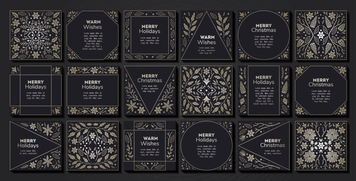 Vector set of luxury floral patterns, invitation cards, banners. Merry Christmas sketch winter flowers design Package for perfume, jewelry