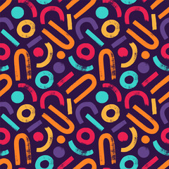 Aesthetic seamless pattern with arches, circles and straight line in multi colors. Brush drawn bold geometric shapes pattern. Minimalist vector Illustrations with arches and colorful round shapes.