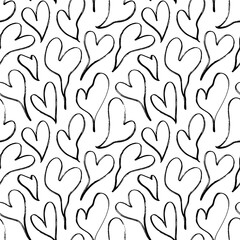 Linear doodle melting hearts seamless pattern. Cute romantic monochrome background with wavy hearts in retro style. Abstract retro romantic shapes with rough texture line.