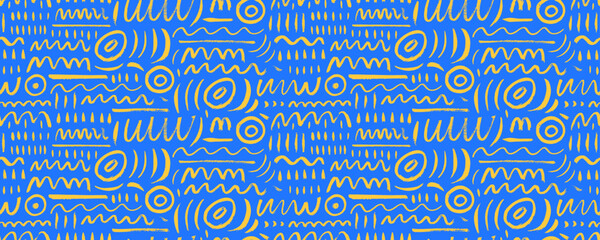 Various doodle lines seamless pattern in blue and yellow colors. Childish style creative art background. Squiggles, circles, dots and daubs. Simple childish scribble wallpaper texture. - obrazy, fototapety, plakaty
