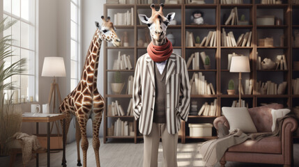 A giraffe, and a man with a giraffe head in a living room wearing a striped jacket. Books and a couch in the background,  Strange, bizarre and surreal imagery. Advertising and marketing.