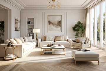 Luxurious living room with bright interior, chic beige furniture, gold accents, floor to ceiling window, and wooden flooring.