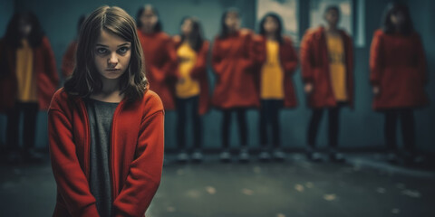 Bullying and harassment: A sad young girl in a red coat is upset at having been teased by other children.  Teasing children look on in the background. Shallow depth of field. Inclusion training.