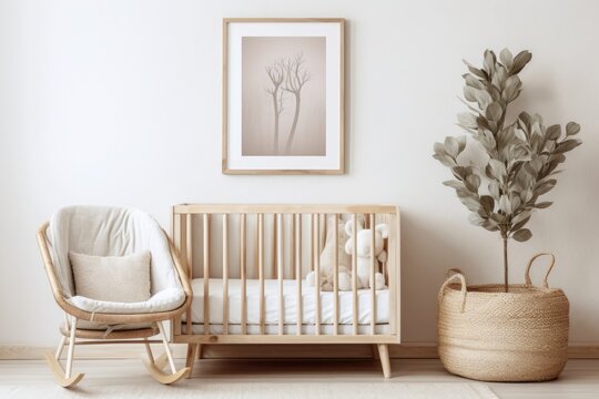 a nursery interior with a wall frame mockup in boho Scandinavian eco style.