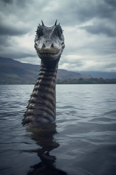 loch ness monster head and neck above water in lake caught on camera in beautiful scottish landscape