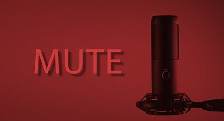 A studio condenser microphone with MUTE written on a colored background.
