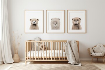 a wall frame mockup in a childrens room with a nursery interior, featuring boho, Scandinavian, and eco styles. - obrazy, fototapety, plakaty