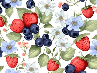 Strawberry and blueberry floral seamless wallpaper on a white background.  Colorful paper for crafts, scrapbooking or art projects.  