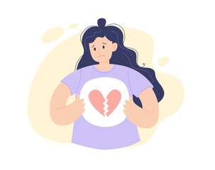 Broken heart person. A sad woman with a broken heart in her chest, vector illustration in minimalist style