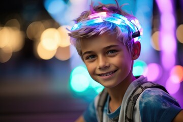 Photography of a pleased, child boy that is have hair that is changing colors based on emotions wearing a mood-responsive hair accessory against a tech-infused fashion runway background. Generative AI